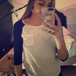 white and navy quarter sleeve baseball tee